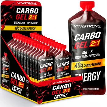 Vitastrong Carbo Gel 2:1 Energy, 24 Bustine 60ml Monodose con 40g Carboidrati, 56mg Magnesio e Potassio 300mg per Dose, Maltodestrine per Intra Workout, Energy Gel Running, Gel Energetico Ciclismo