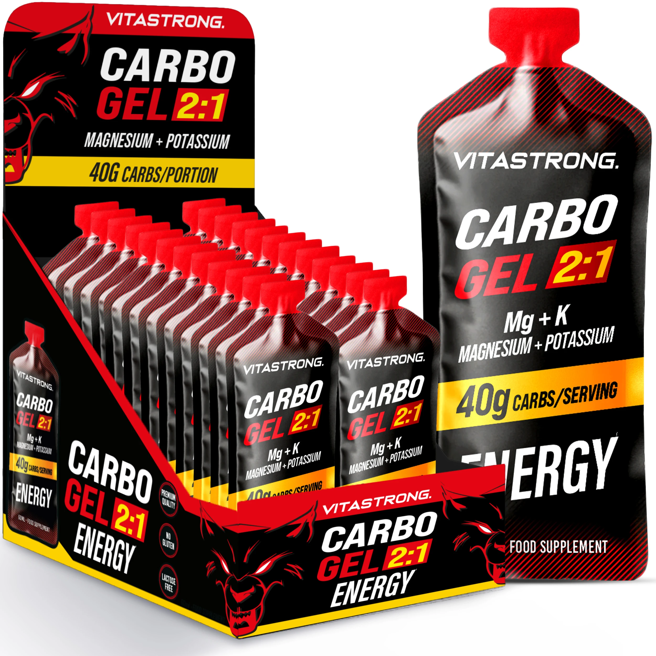 Vitastrong Carbo Gel 2:1 Energy, 24 saszetki 60ml, jednorazowa dawka z 40g węglowodorków, 56mg magnezu i kalium po 300mg na dawkę, maltodekstryna do stosowania podczas treningu, żel energetyczny do biegania i jazdy na rowerze.