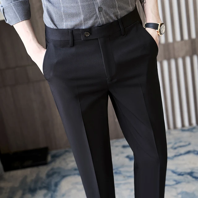 Pantalones de traje blanco y negro para hombre, pantalones de vestir  ajustados a la moda, de estilo británico, informales, formales, de oficina,  para verano - AliExpress