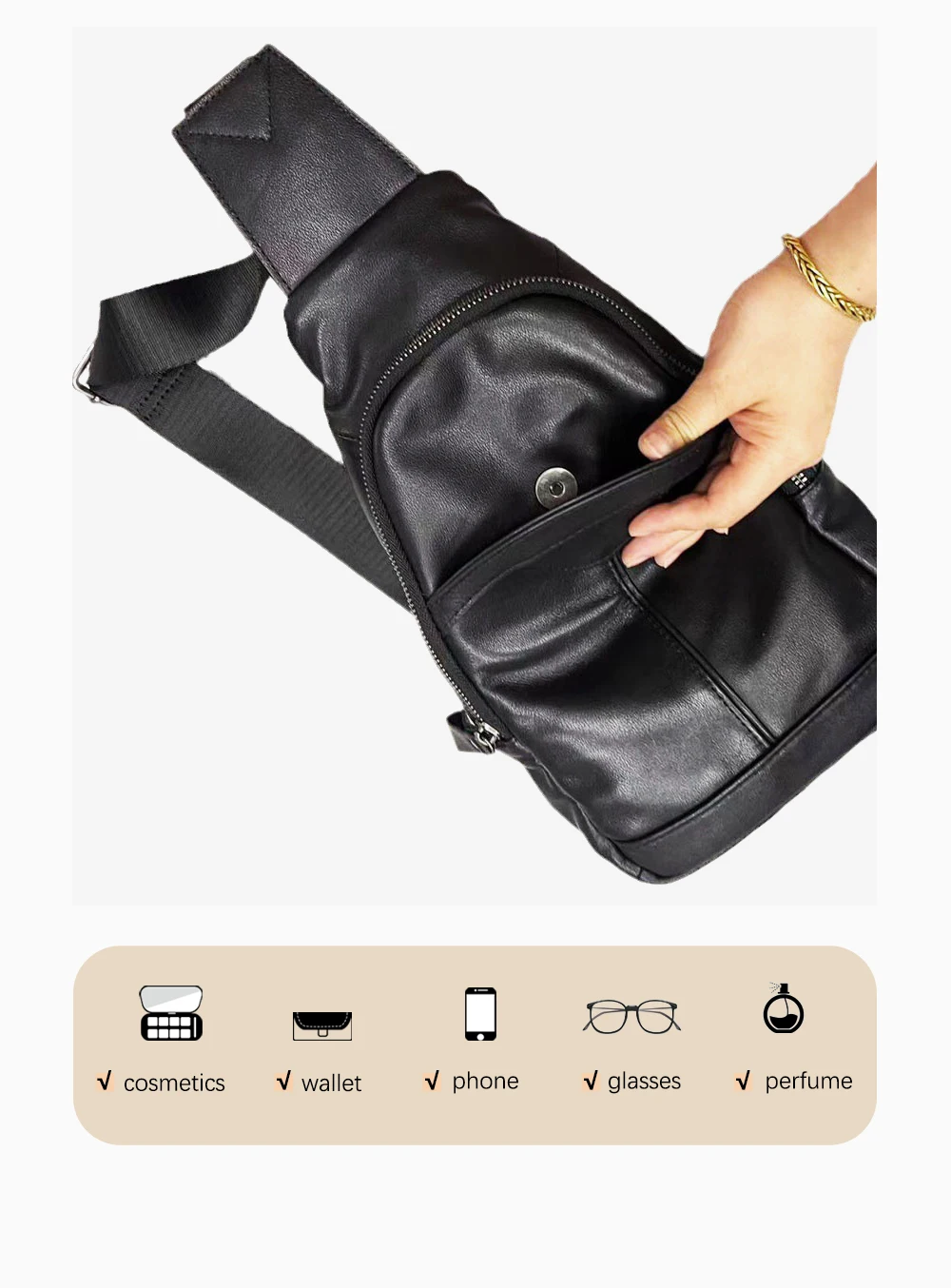 Zency Unisex Brust Pack Mode Bananen tasche Outdoor Echt leder Gürtel tasche Frauen Gürtel tasche Umhängetasche Schlinge Cross body schwarz – Detail 3