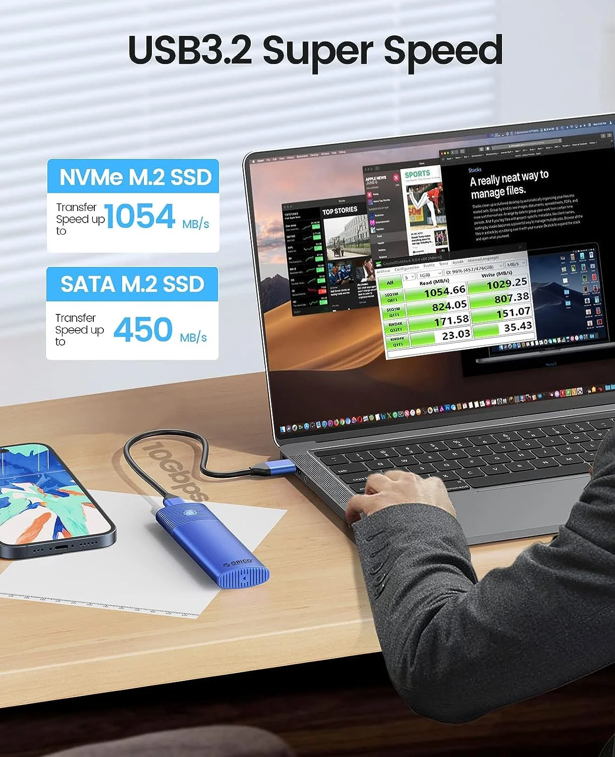 ORICO M.2 NVMe/SATA SSD Enclosure - USB C 3.2 Gen 2 10Gbps Tool-Free External Case