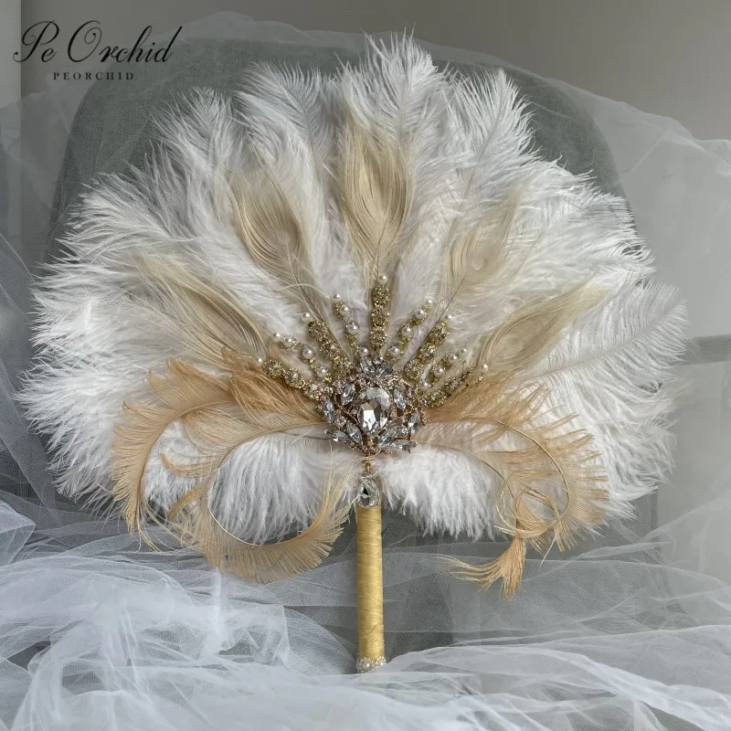 PEORCHID Gorgeous Peacock Bridal Hand Fan Ostrich Feather Golden Crystal Brooch Bouquet Great Gatsby 1902s Wedding Bouquet Fan