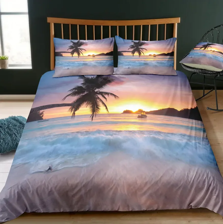 Dream NS Modern Nature Bedding Set 3D Digital Printing Beach Coconut Grove Summer Bedroom Bed Sheet Pillowcase Bedding Kit 4
