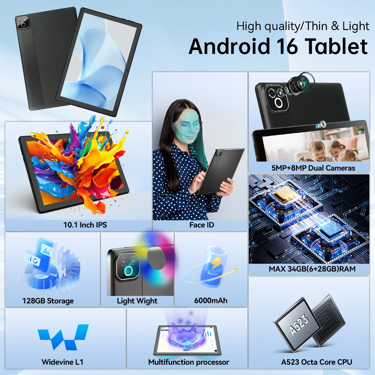 X6 10.1 Inch Android16 Tablet PC Octa‑Core A523 34GB(6+28GB Virtual) 128GB ROM WiFi6 Widevine L1 Face ID 6000mAh HD IPS Eye‑Care Display Tablet for Study Gaming`