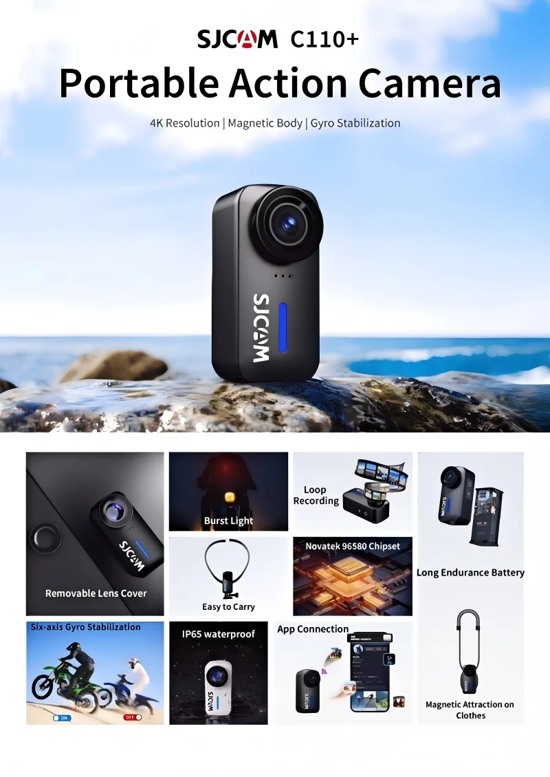 SJCAM C110Plus POV Camera,Ultimate Mini 4K Action Cam,Built-in Spkr & Mic for Vlogging
