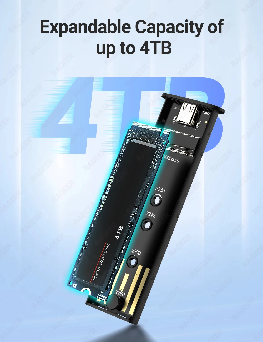 RAGEER Aluminium M.2 NVME SSD-Gehäuseadapter, USB 3.2 Gen 2 (10 Gbit/s) auf NVME M-Key/(B+M) Key SSD externes Gehäuse mit Verkleidung UASP – Detail 6