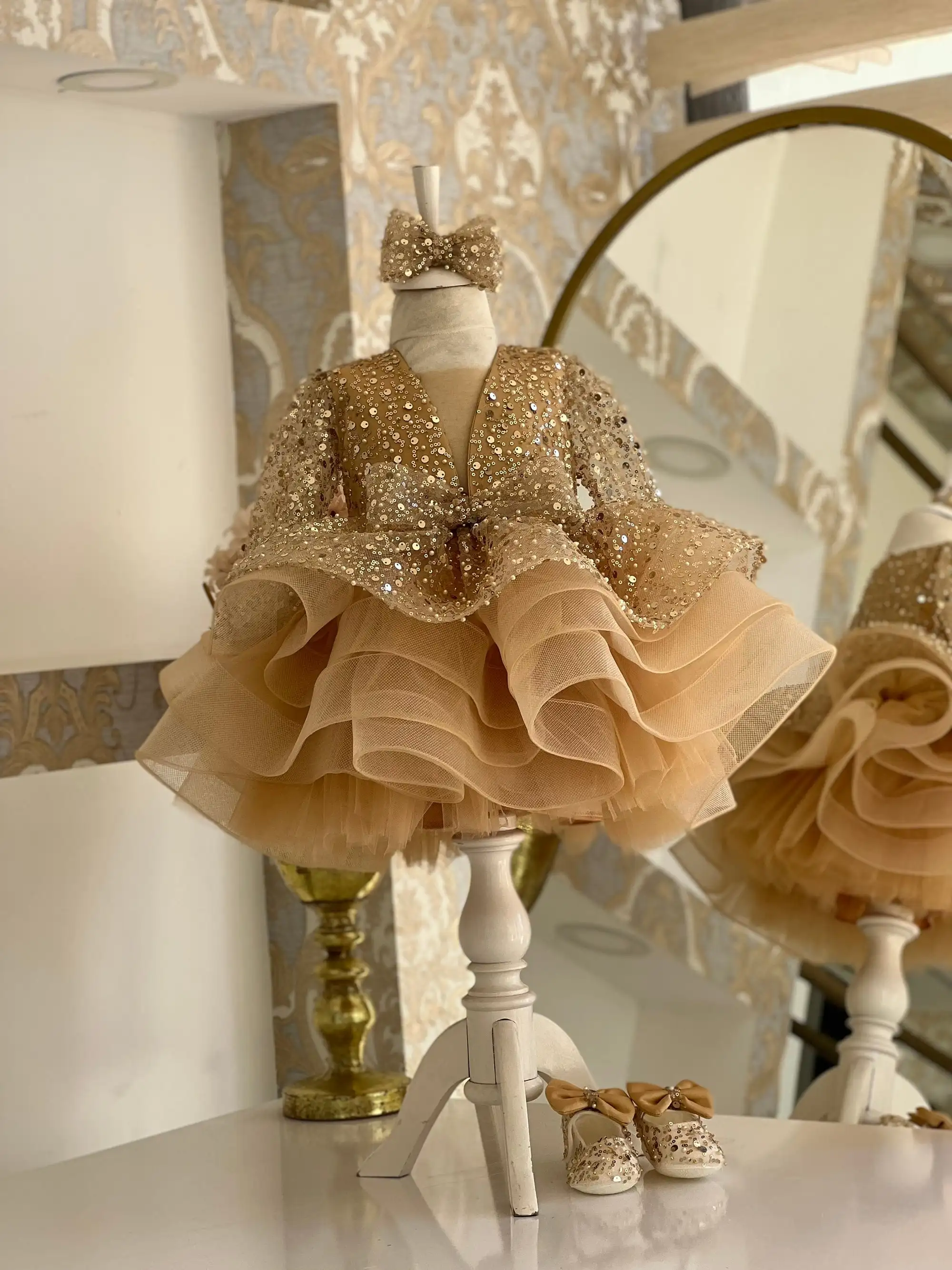 

Luxury Floral Personalized Girl Dresses Bowknot Puffy Girl Party Dresses Short Sleeve Tulle for Wedding Kids Christmas Ceremon
