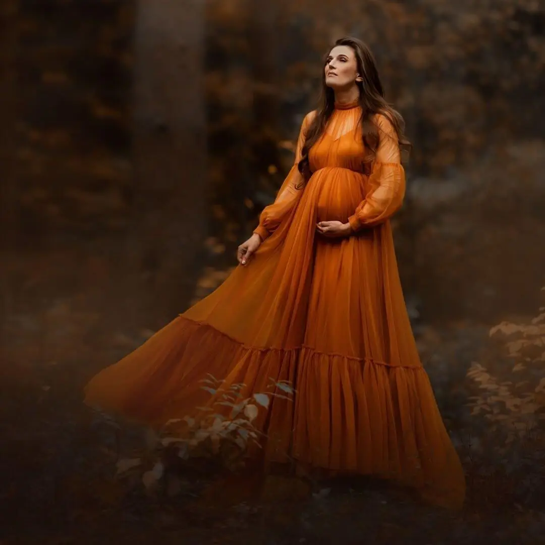 Orange Maternity Dresses for Photoshoot High Neck Tulle Plus Size Photography Props Dress for Babyshower