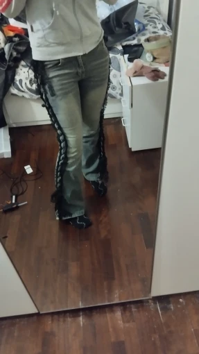 Women Dark Academia Goblin Core Harajuku Y2K Low Rise Lace Jeans Abi Denim Flare Pants Bell-Bottom Y2k Japanese Goth Gyaru Kpop photo review