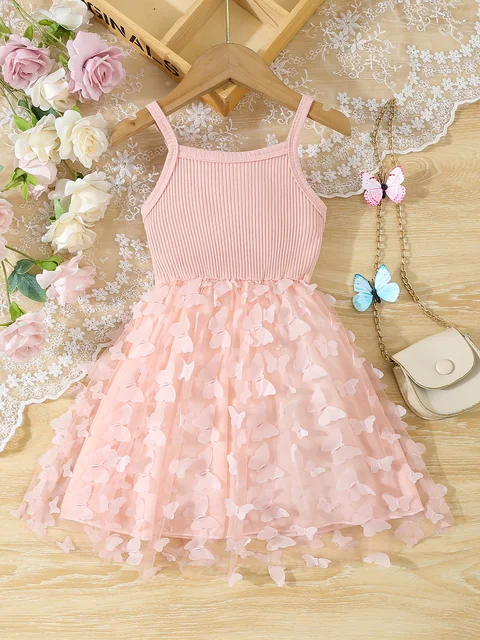 Summer Toddler  Kids  Girl's Clothes  Baby's Butterfly Decor Mesh Splicing Cami Dress Elegant Sleeveless Princess Dress 2