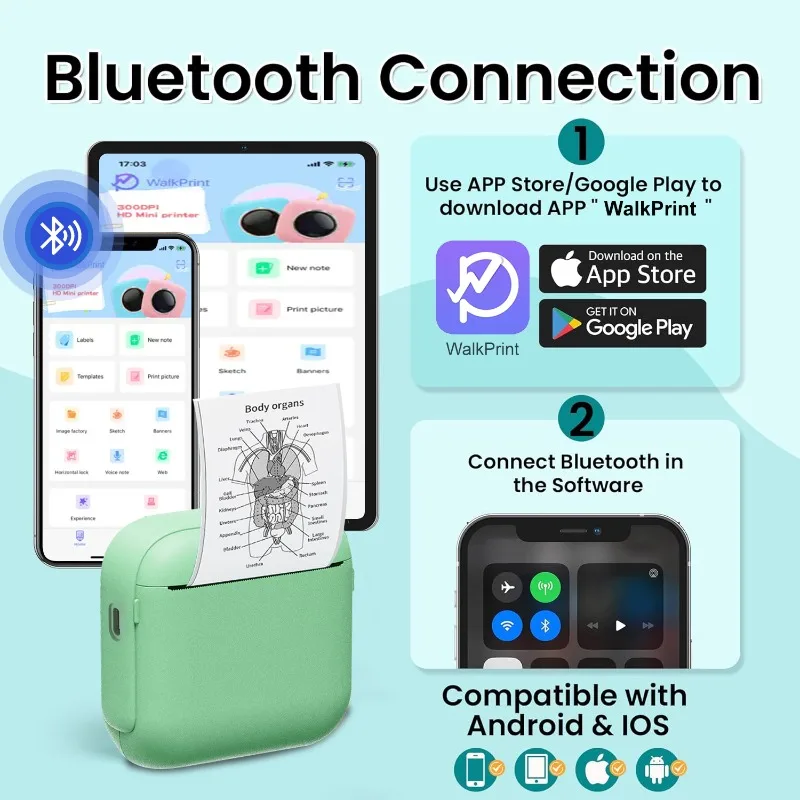 휴대용 무선 미니 감열 프린터, 블루투스, 즉시 인쇄, iOS 및 안드로이드 호환, 고품질 인쇄