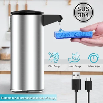 AIKE USB 충전 자동 비누 디펜서, 스테인리스 스틸 비접촉 디펜서, 주방 세제 및 욕실 핸드 비누용