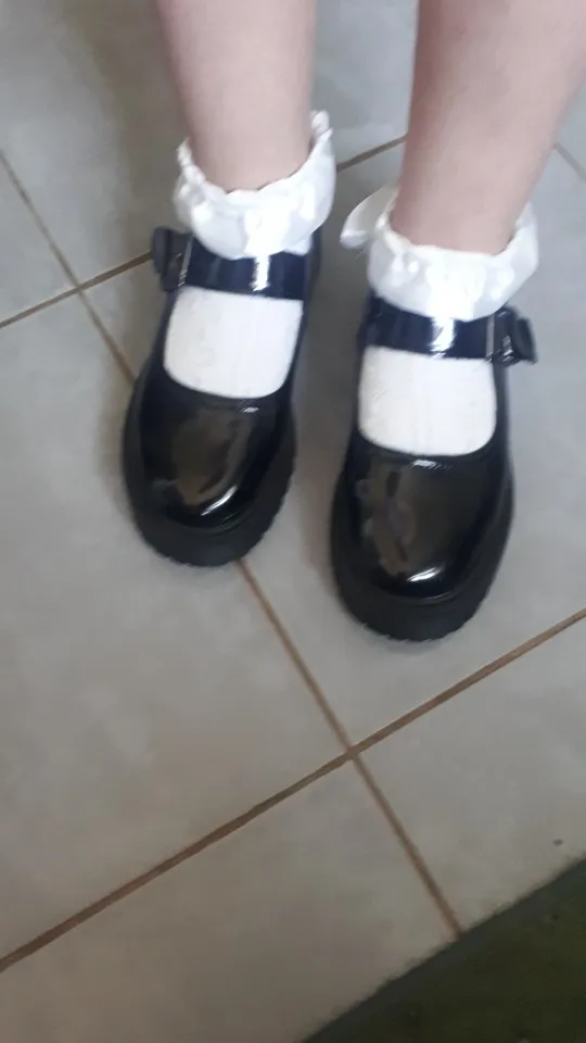 Sapatos de couro PU preto academic Lolita bico redondo