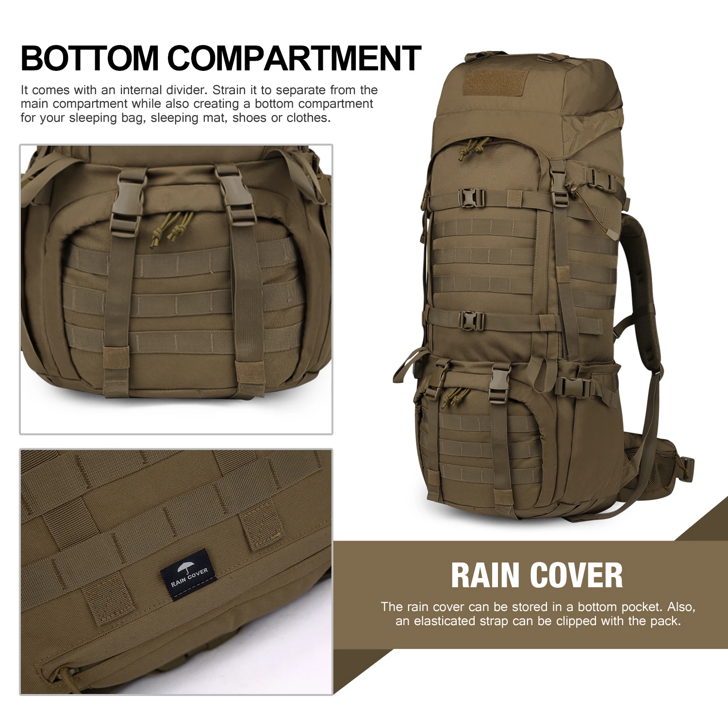 Mardingtop 65L Molle 600D Polyester Hiking Internal Frame Backpack with YKK Zippers and Rain Cover for Camping Military