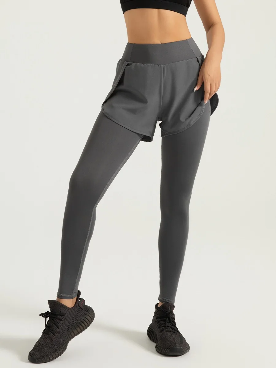 Yoga gym quick-drying fake two-piece pocket yoga pants high waist hip lifting running fitness sports tight trousers
