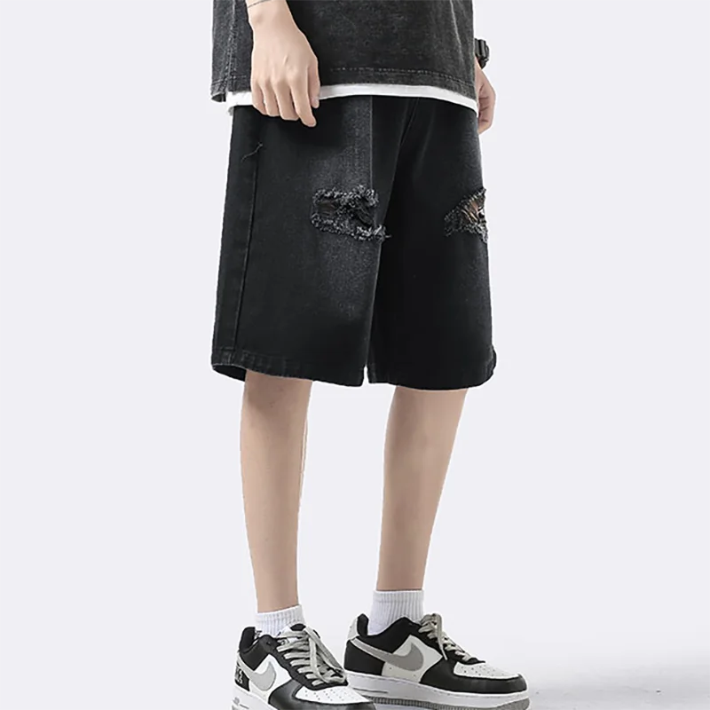 Men Ripped Jeans Shorts Y2K Streetwear Retro Trendy Straight Leg Mid Waist Denim Short Summer Designer Popular Original Pants