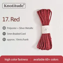 Silver Glittered 5mm Polyester Macrame Braid Cord - Lurex Braided Cord for Crafting and Key Ring Creation, 10m Skein (17 RED)