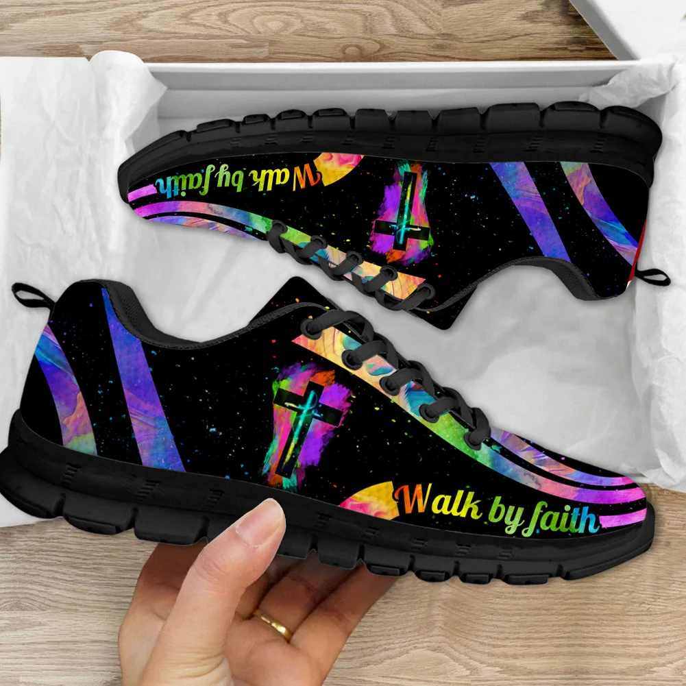 

INSTANTARTS Faith and Love Cross Design Flat Shoes for Women Lightweight Mesh Breathable Casual Shoes Female Faith Sneakers Gift