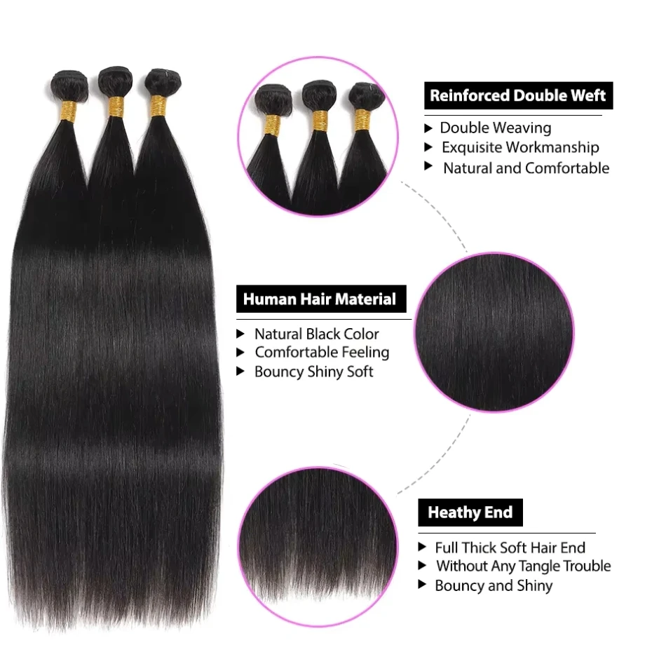 12A Straight Human Hair Bundles 24 26 28 Inch Unprocessed Natural Virgin Hair Weave 3 Bundles Human Hair Extensions For Women 3