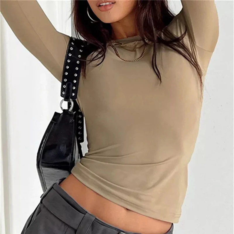 Solid Slim Fit Casual Women Long Sleeve T Shirt Spring Autumn Y2k Streetwear Crop Pullover Top Female O Neck Pullovers Basic Tee 2