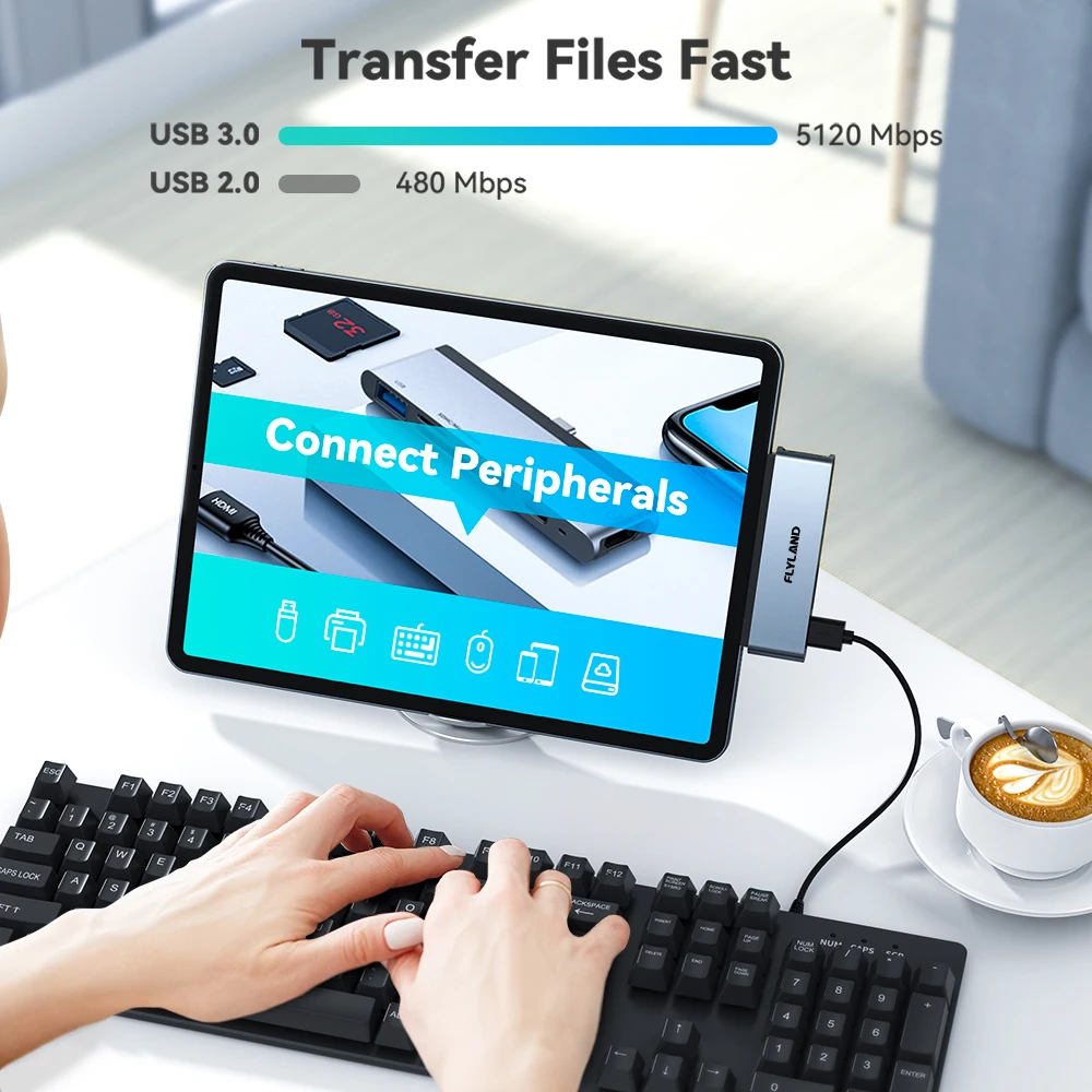 Flyland 6-in-1 USB Hub for iPad Pro 4K HDMI-compatible Type C Adapter Magnetic Holder 60W PD USB 3.0 Dongle usb hub adapter usb port adaptor usb hub converter