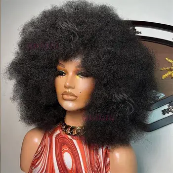Parrucca corta riccia e voluminosa con frangia, parte superiore effetto cuoio capelluto, capelli umani Remy brasiliani afro ricci per donne nere 1B