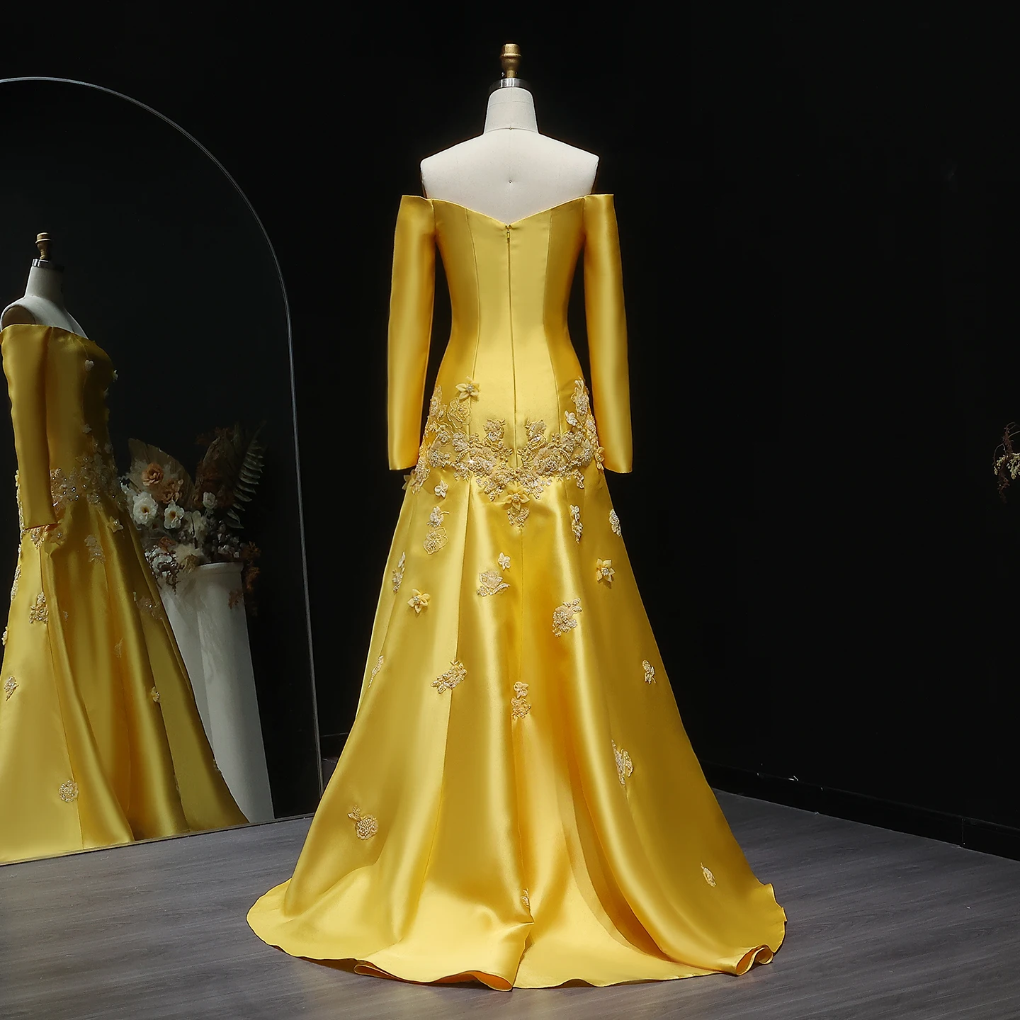 Sharon Said 3D Flowers Off Shoulder Yellow Evening Dress with Long Sleeves  Arabic Elegant Formal Party Gown SS537 Customized - AliExpress 320