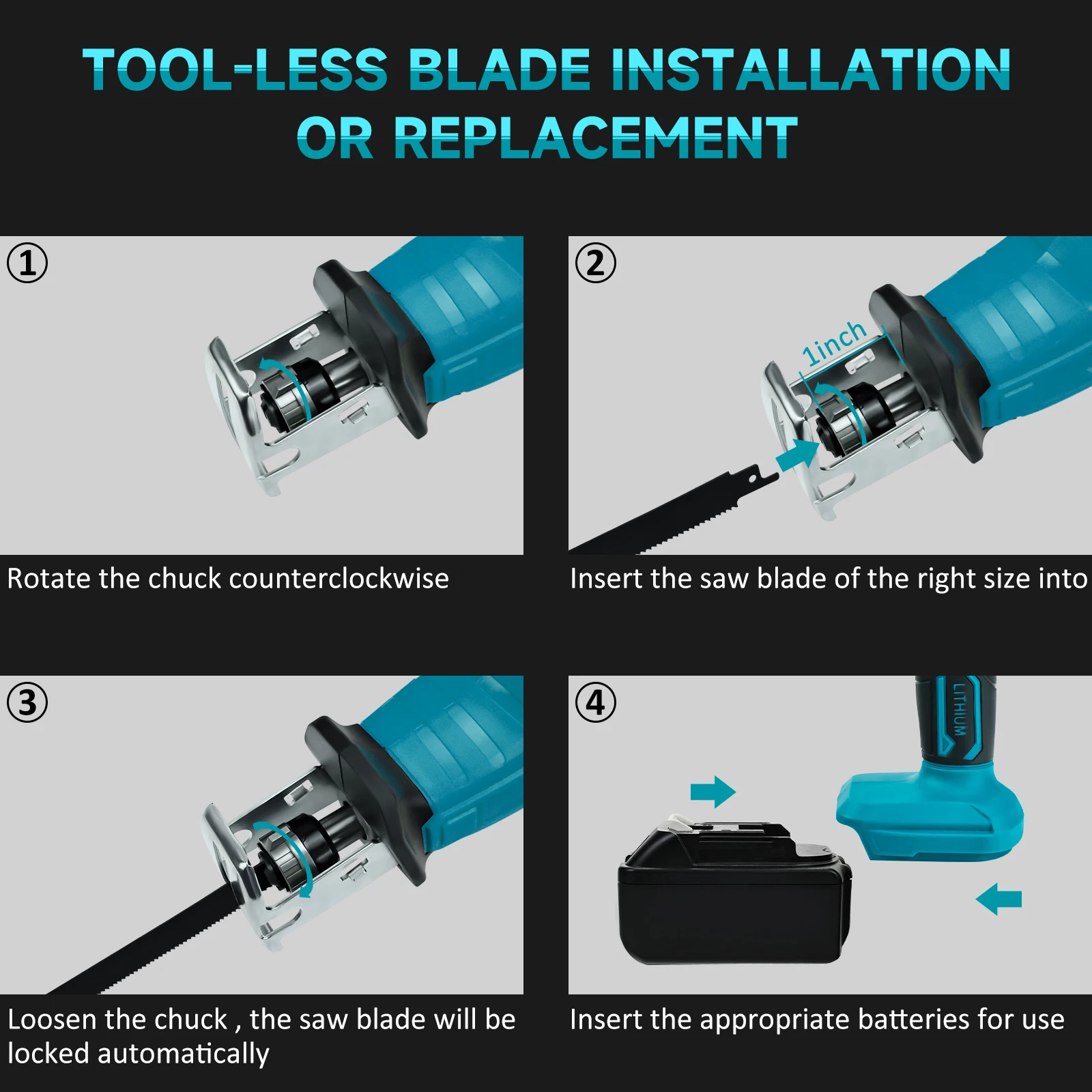 Electric Reciprocating Saw 0-3000SPM Cordless Saber Saw Woods Metal Plastic Cutt
