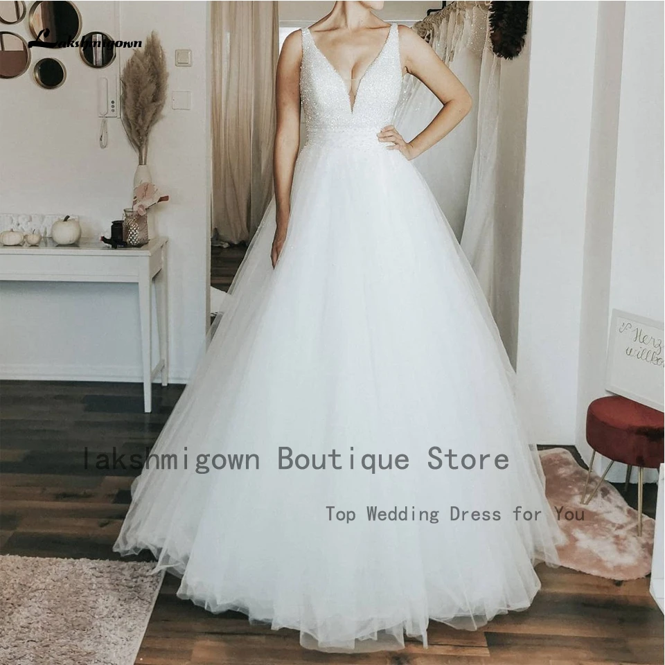 

Lakshmigown Luxury Beading Princess Wedding Gowns 2022 V neck Sexy Bridal White Tulle Long Wedding Dresses Vestido Novia