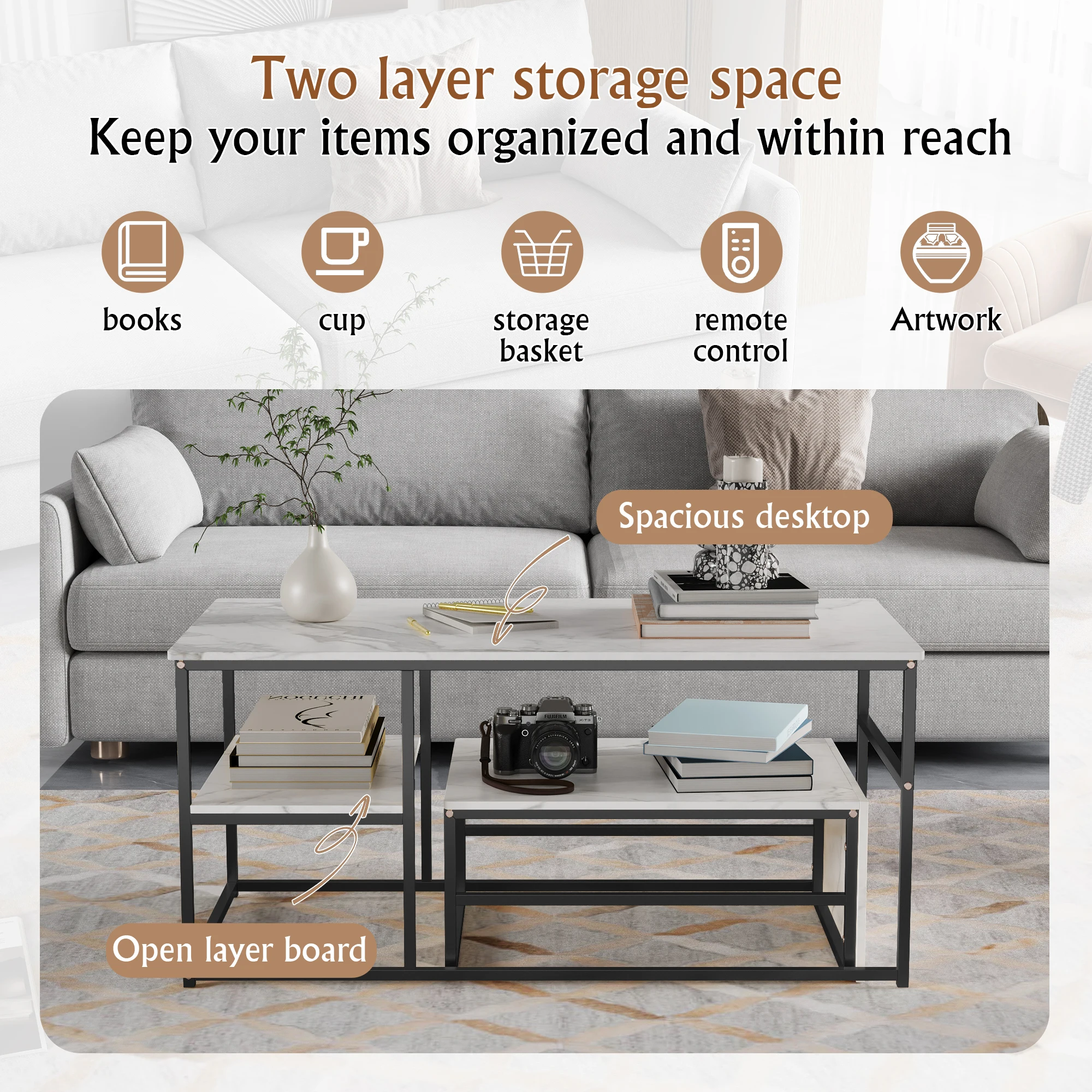 2-teiliges Wohnzimmertisch-Set, Couchtisch, Couchtisch mit Marmoreffekt und integriertem Stauraum, Sain-up-Lösung, Golden/Schwarz – Detail 8