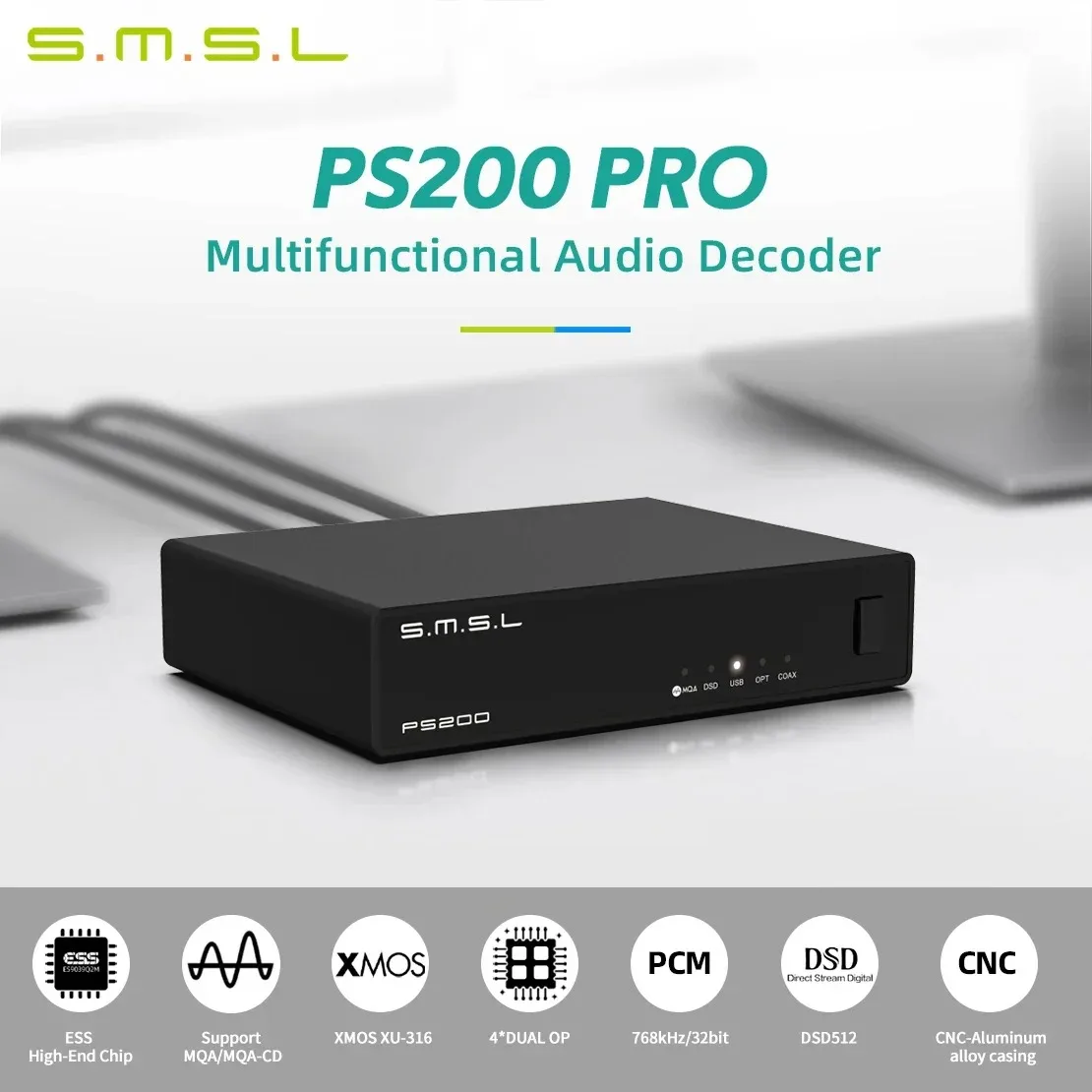 SMSL PS200 PRO 고해상도 오디오 디코더 USB MQA DAC XU316 데스크탑 DAC MQA-CD ES9039Q2M 32비트/768kHz DSD512