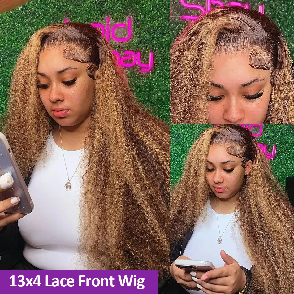 34 Inch Highlight Curly Wave Lace Front Wigs Human Hair 200% Density Deep Curly Human Hair Wig Pre Plucked P4/27 Ombre Lace Frontal Wigs With Baby Hair For Women 3