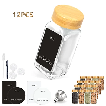 Set di barattoli per condizioni con coperchio in bambù ecologico da 12/24 pezzi SAEIV | Barattoli in vetro da 120 ml con etichette per spezie | Deposito cucina 2