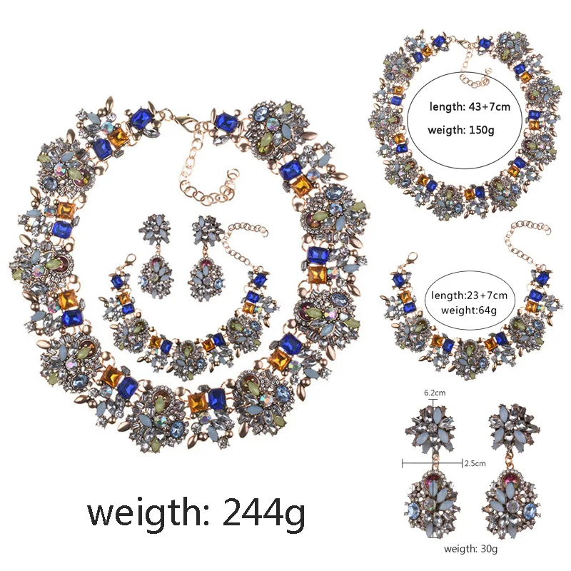 Costume Indian Jewellery Set Women Jewelry Crystal Chunky Rhinestone Statement Necklace and Earrings Bracelet Conjuntos De Joyas