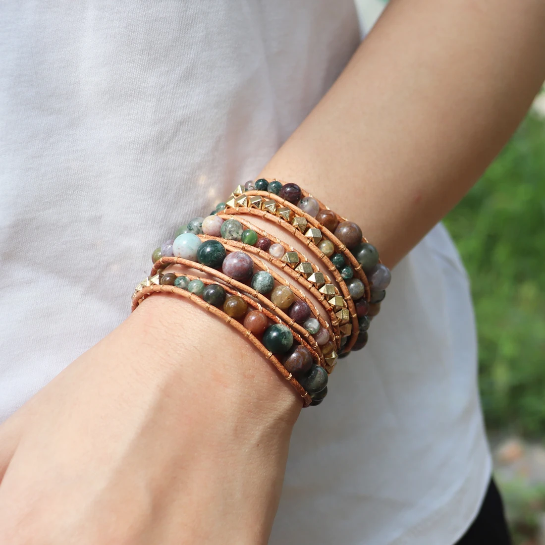 Multilayered Leather Wrap Bracelet W/ Natural Stone Chakra Beaded Strands Bracelet Boho Beads Jewelry Wholesale Dropshipping