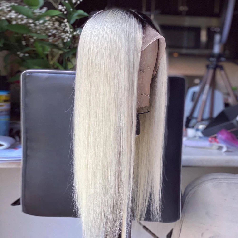 100% Human Hair Silky Smooth Full Lace Wig Custom Colored Ice White Platinum Blonde Darkest Brown Rooted Lace Wig HD 13x6 180% images - 6