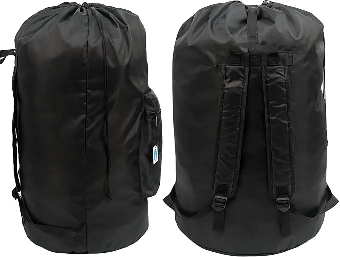 XL heavy-duty laundry backpack with drawstring closure. Ideal for college, travel, or organizing dirty clothes. 2