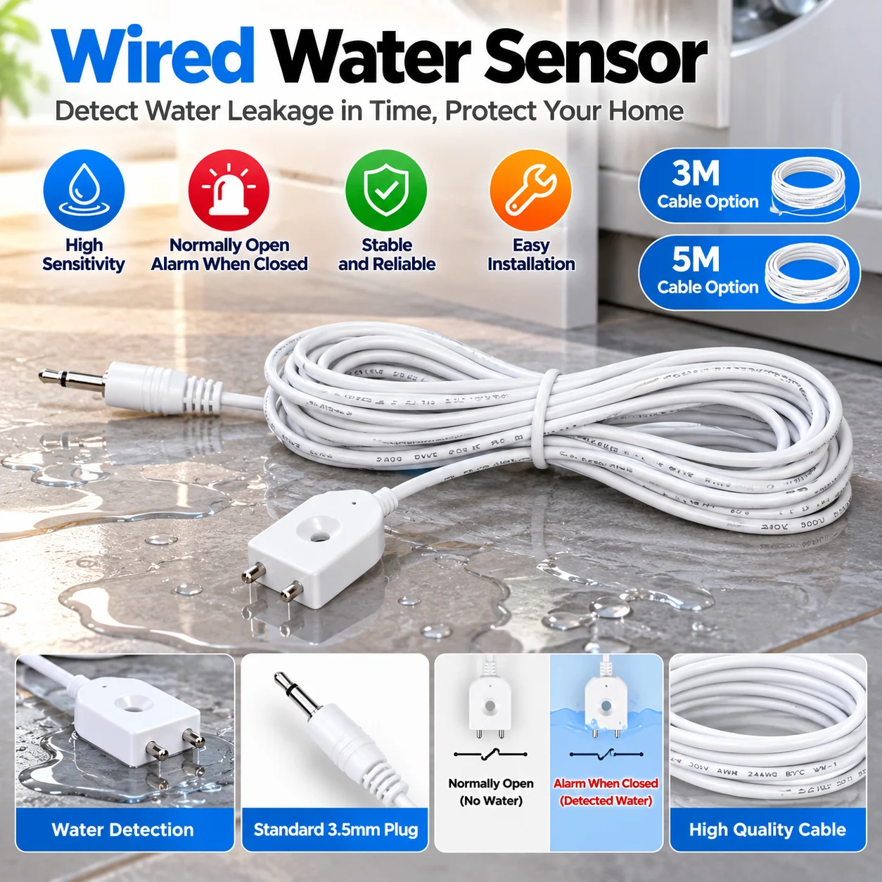 Advanced Wired Water Leakage Alarm Detector with Dual Metal Poles