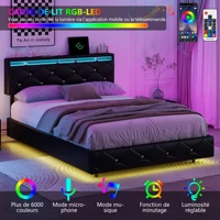 Деревянная мягкая кровать Aura 160x200 см, двуспальная кровать, кровать со светодиодной подсветкой и 2 USB-камера кровати с решетчатым основанием, материал PU