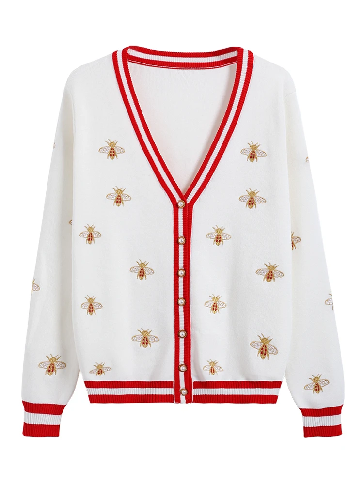 みみアニュアルEMBROIDERY CARDIGAN 赤 High Quality Fashion Designer Bee Embroidery Cardigan Long