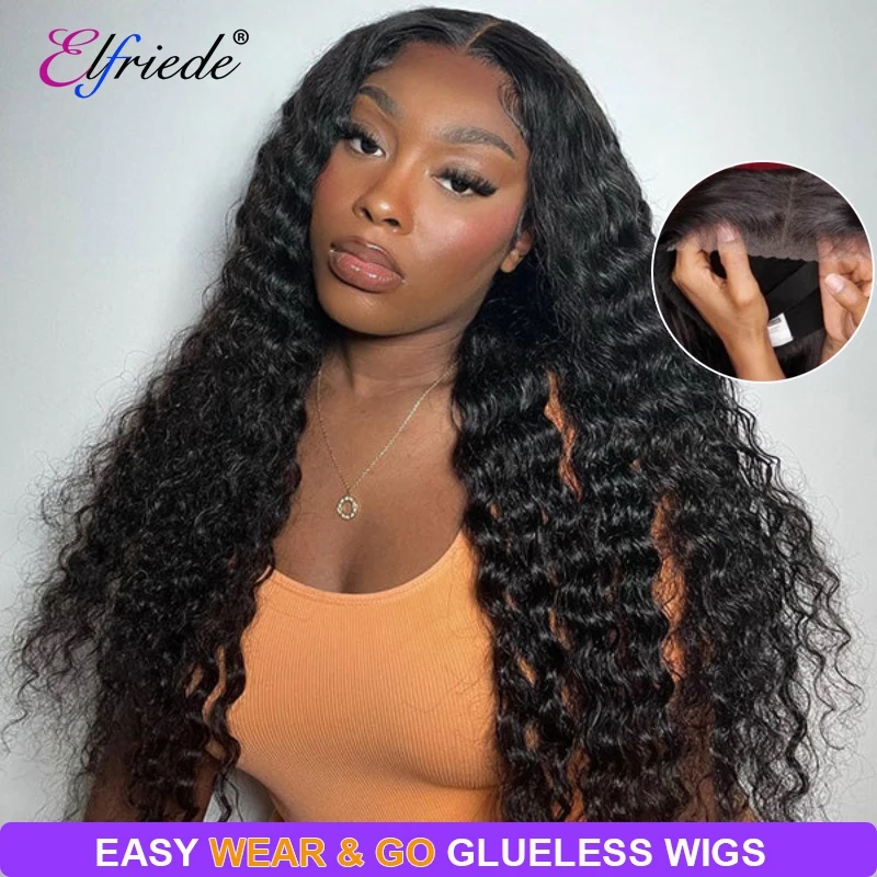 

Elfriede Deep Wave Glueless Wigs Human Hair Ready to Wear 4X4 HD Lace Closure Natural Black Precut Preplucked Hair Wig for Women