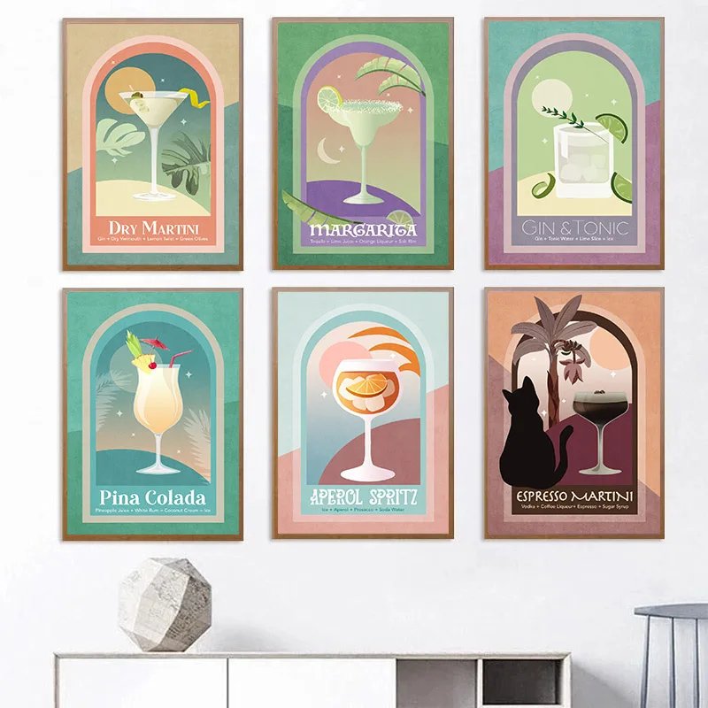 Nordic Beverage Drinks Martini Pina Colada Aperol Spritz Poster Print Canvas Painting Vintage Wall Art For Room Home Decor