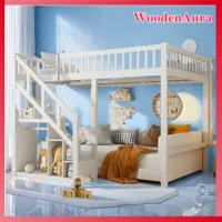Lit double pour enfants 140x200cm, lit superposé en bois de pin avec barrières de sécurité et armoire-échelle de rangement, blanc 1