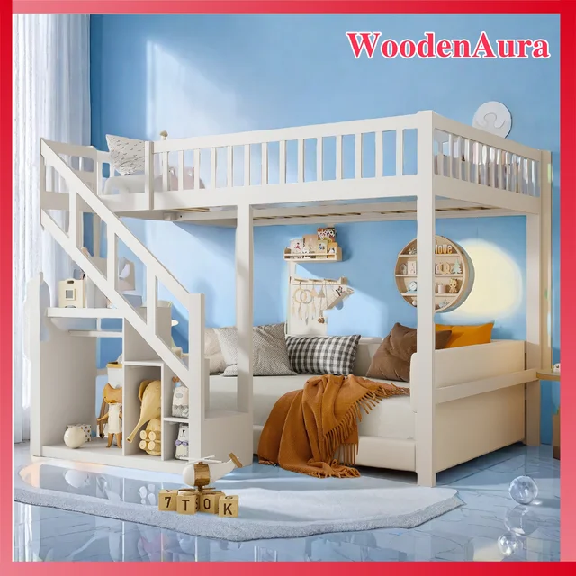 Lit double pour enfants 140x200cm, lit superposé en bois de pin avec barrières de sécurité et armoire-échelle de rangement, blanc 1