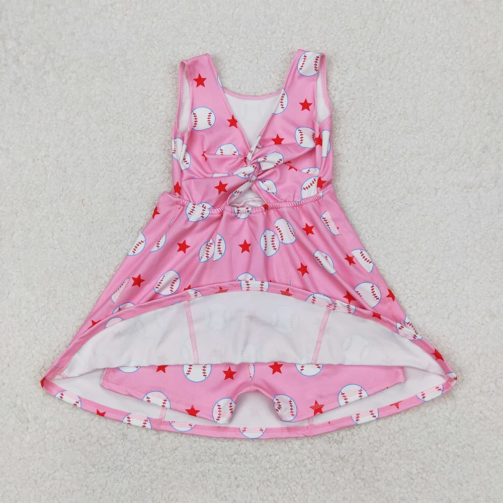 3.17 GSD2135 Baby Girls Dresses Sleeveless Baseball Print Have Under Shorts Kids Summer Clothing