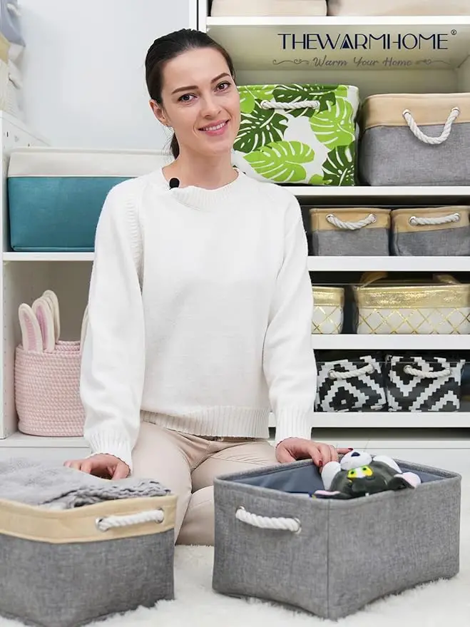 Fabric storage bins, medium, grey. Ideal for shelves, closets, or book organization, offering stylish and functional storage 6