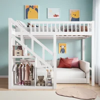 Lit double pour enfants 140x200cm, lit superposé en bois de pin avec barrières de sécurité et armoire-échelle de rangement, blanc 3