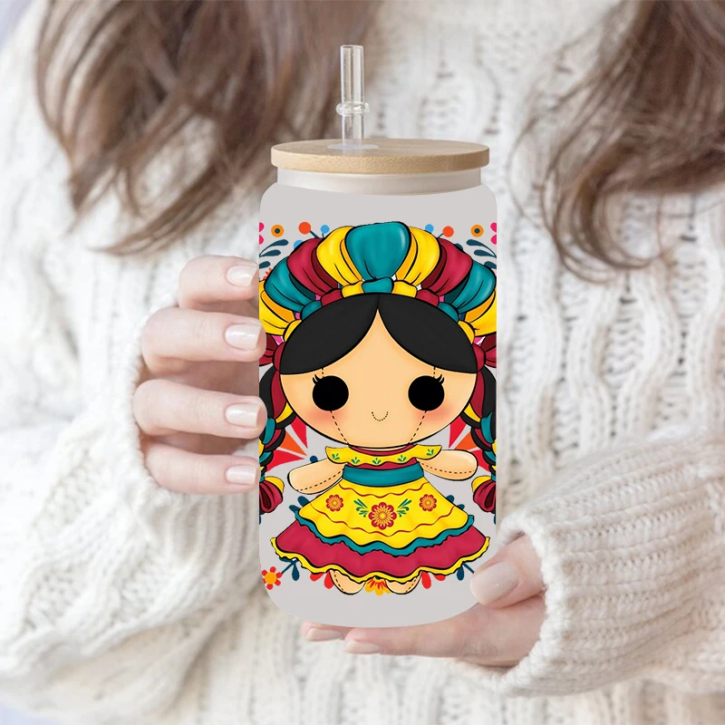 UV DTF Transfer Sticker Mexico Flowers 16oz Libbey Glasses Wraps Bottles Cup Can DIY Waterproof Decals D14413