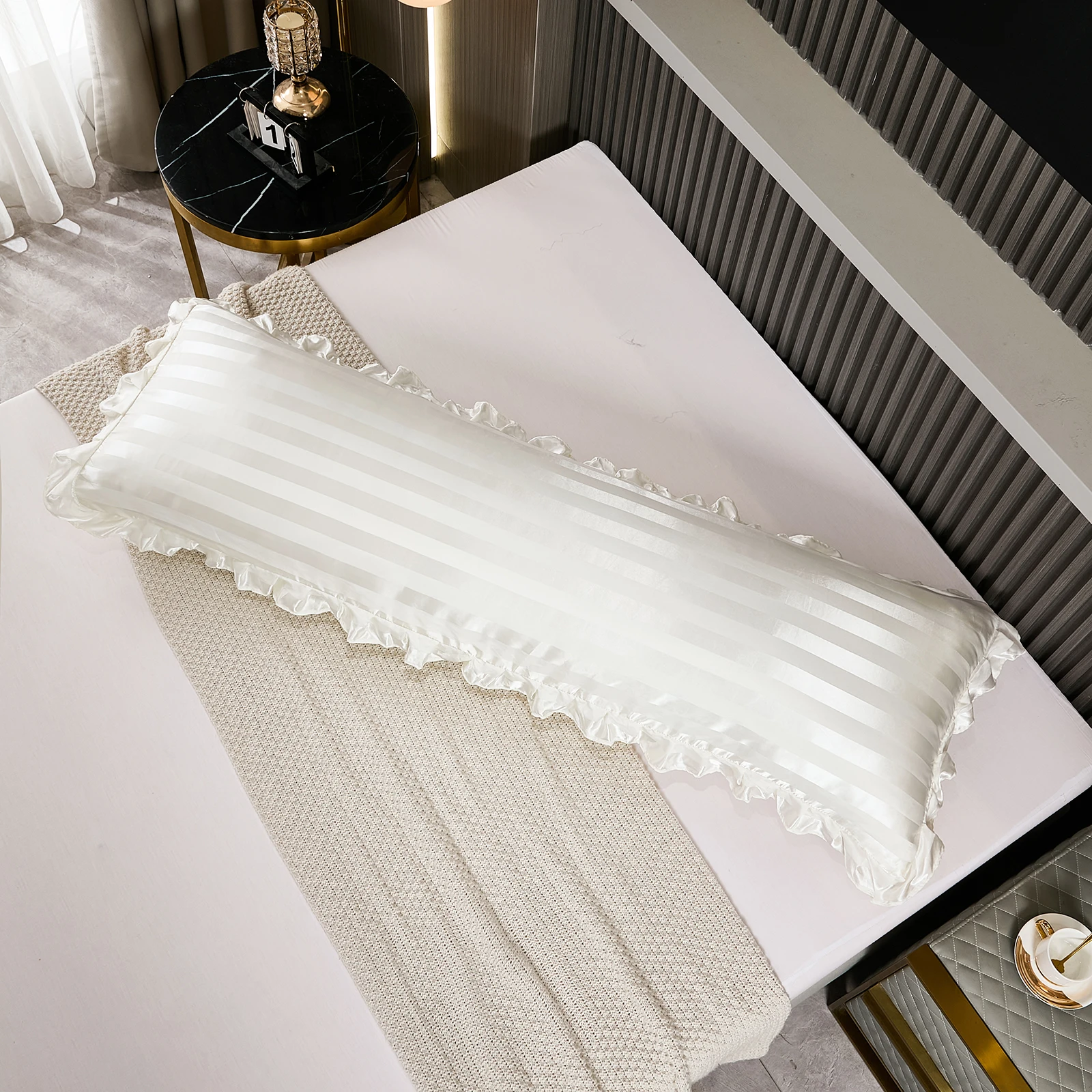 1pc White And Black And Grey Polyester Satin Strip Flounce Side Body Pillowcase Soft For Sofa Decorative Bed Pillowcase 4