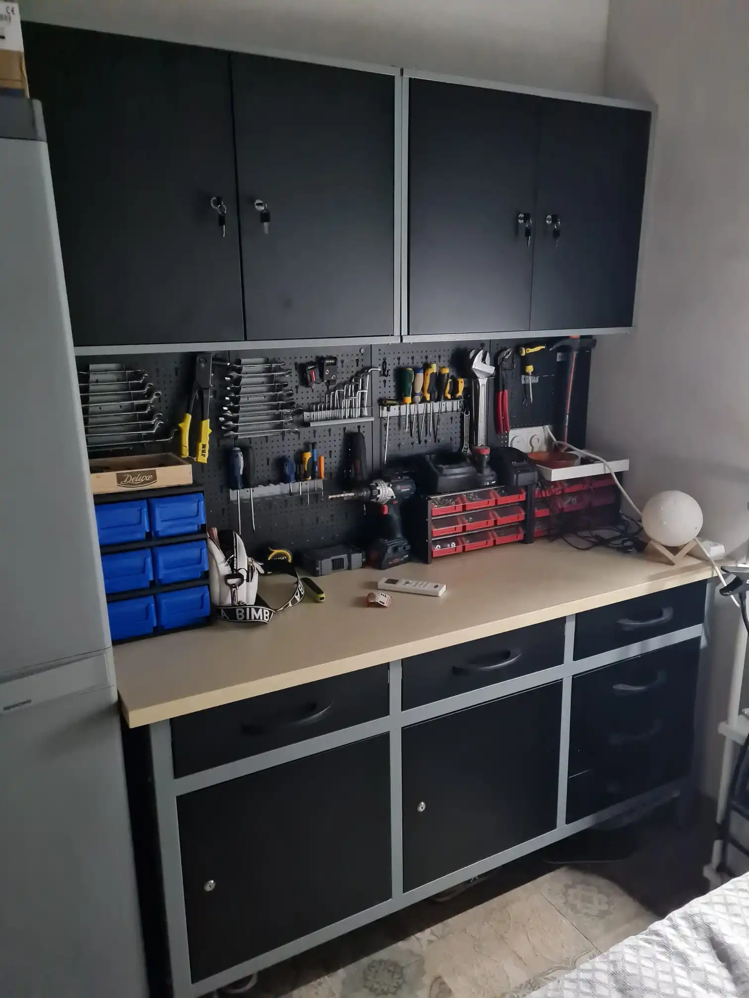 Armario para Garaje Taller 80x40x20Cm, Organizador Herramientas tipo Industrial,2 Armarios con Cerradura ,Estantes y Paneles perforados de metal MB 02G (Gris/Negro)|Soportes y estanterías almacenamiento| - AliExpress